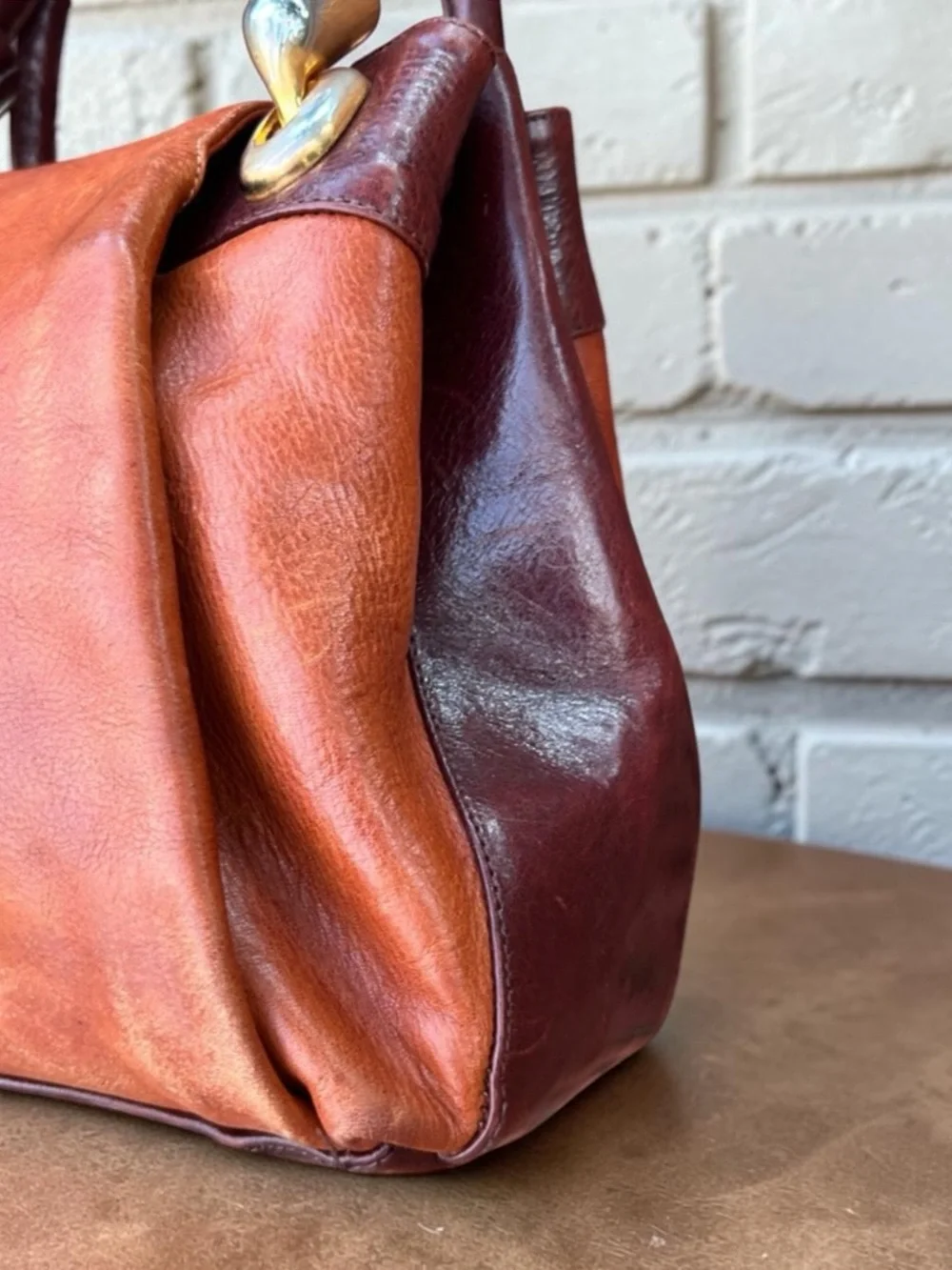 Marino Orlandi Two-Tone Tan & Dark Brown Leather Satchel